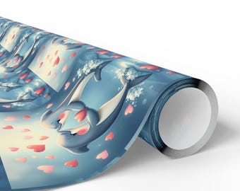 Papel de regalo con forma de delfín o corazón romántico, azul
