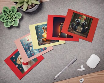 Paquete E - Tarjetas de San Valentín con animales adorables, paquete de 5 tarjetas de felicitación / zorrillos, delfines, osito de peluche, nutria, perro