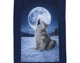Manta de lobo aullando / Manta de felpa de terciopelo, escena invernal nocturna a la luz de la luna
