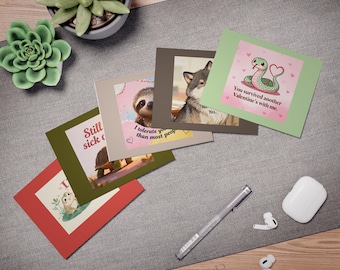 Paquete D - Tarjetas de San Valentín con animales adorables. Paquete de 5 tarjetas de felicitación: serpiente, lobo, tortuga, perezoso y rana.