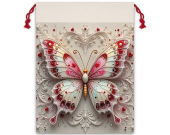 Bolsa de regalo con cordón y diseño floral romántico con mariposas y corazones adornados.