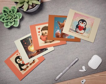 Paquete F - Tarjetas de San Valentín con animales adorables. Paquete de 5 tarjetas de felicitación: pingüinos, zorro, erizo y gatito.