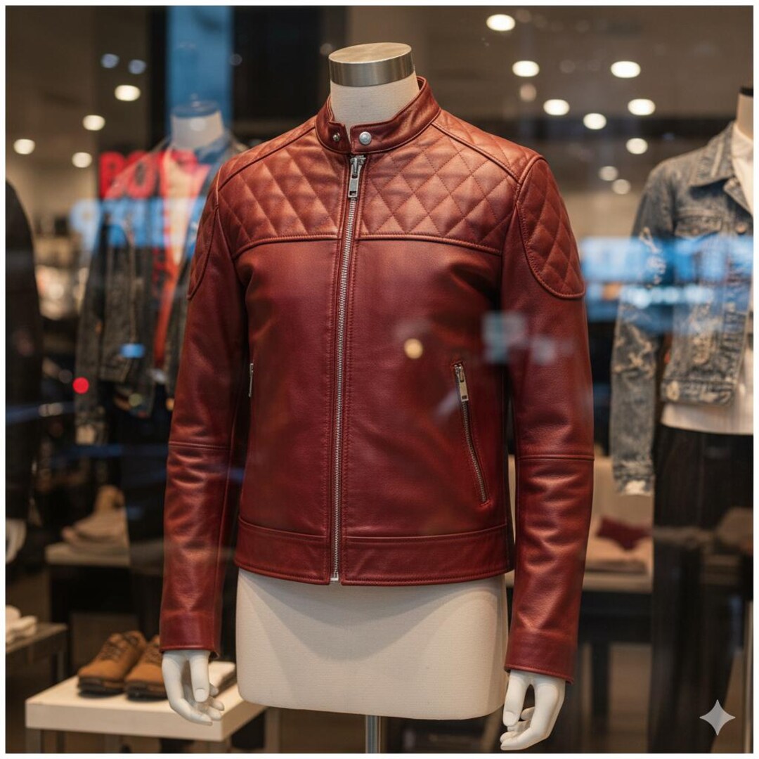 Men's Ruby Red Quilted Leather Biker Jacket - Slim Fit Motorcycle Style ...