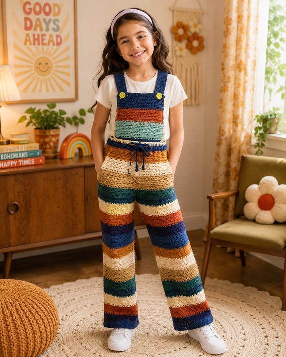 Kids Crochet Overalls Pattern PDF | Retro Striped Dungarees