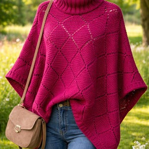 Magenta Crochet Poncho Pattern, Diamond Knit Look Capelet Tutorial, Turtleneck Poncho Sweater PDF, Easy Autumn Wrap, Instant Digital
