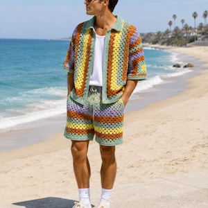 Granny Square Cardigan and Shorts Crochet Pattern PDF | Retro Unisex Crochet Summer Set Pattern | Mens Crochet Shirt | Festival Outfit DIY