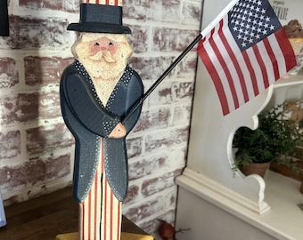 Hand Carved Uncle Sam Holding A Flag. Folk Art. Late 90s