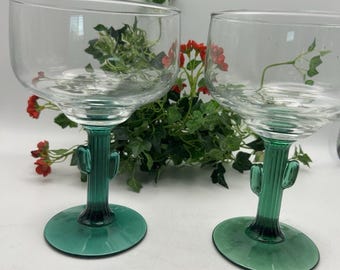 Libbey Cactus Stem Margarita Glasses 12 oz Green & Clear 6" Set Of 2