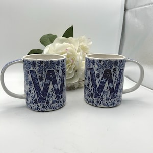 Anthropologie Folksong Monogram Letter “W On Both Mugs.Blue White Floral.