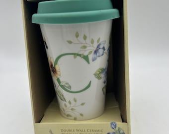 Taza térmica de viaje de cerámica de doble pared LENOX. Prado de mariposas. C