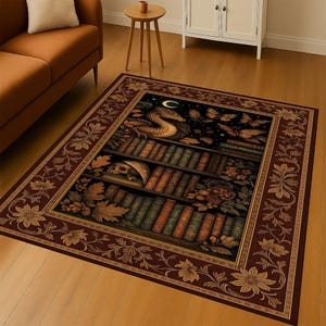 May include: Rectangular area rug with a dark red border and a detailed central design. The center features a dragon, books, a skull, and butterflies. The rug's border has a floral pattern in shades of gold and brown.