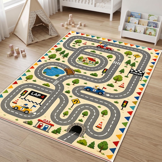 Race Track Play Rug, Kids Car Road Mat, Toddler Vehicle Carpet, Preschool Learning Rug, Boys Playroom Decor
