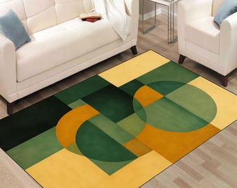 Alfombra geométrica: Alfombra Art Déco verde y mostaza