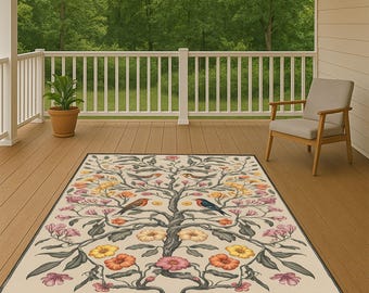Botanical Tree of Life Rug: Vintage Floral Bird Carpet