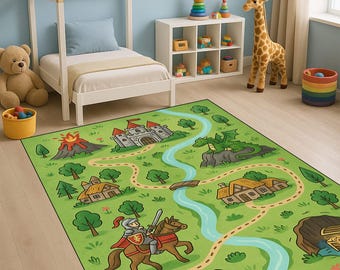 Knight's Quest Adventure Rug: Kids Playroom Medieval Castle Map
