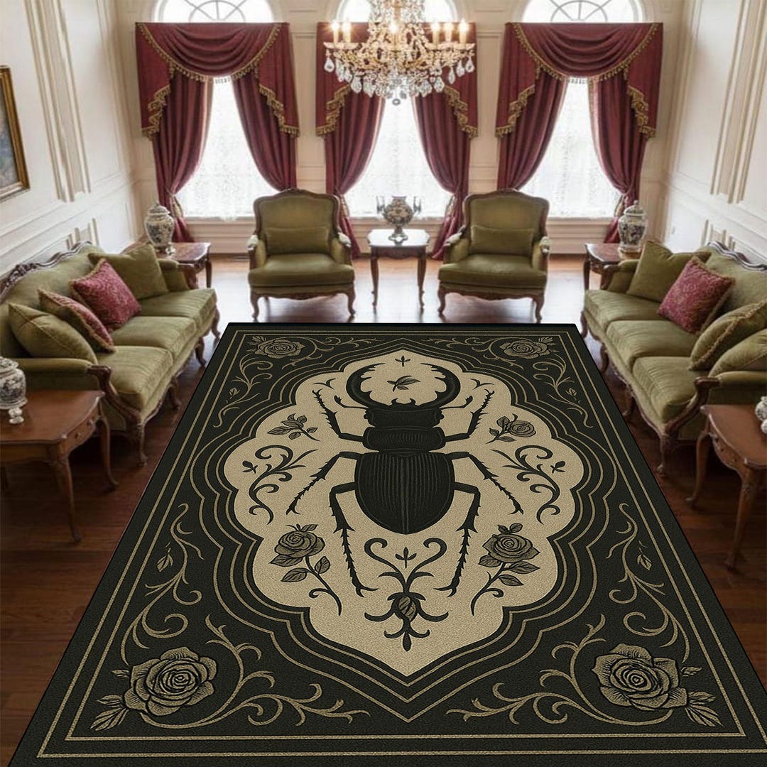 Gothic Beetle Area Rug: Baroque Floral Frame, Dark Academia Decor - Etsy