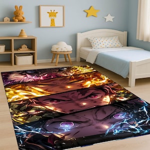 Op de afbeelding: Een rechthoekig vloerkleed met een anime-stijl ontwerp. Het kleed toont vier panelen met intense gezichten van personages, elk met dynamische kleuren en uitdrukkingen. Geschikt voor een slaapkamer of woonkamer.