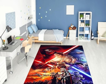 Sci-Fi Battle Area Rug: Galactic Lightsaber Warriors & Spaceships