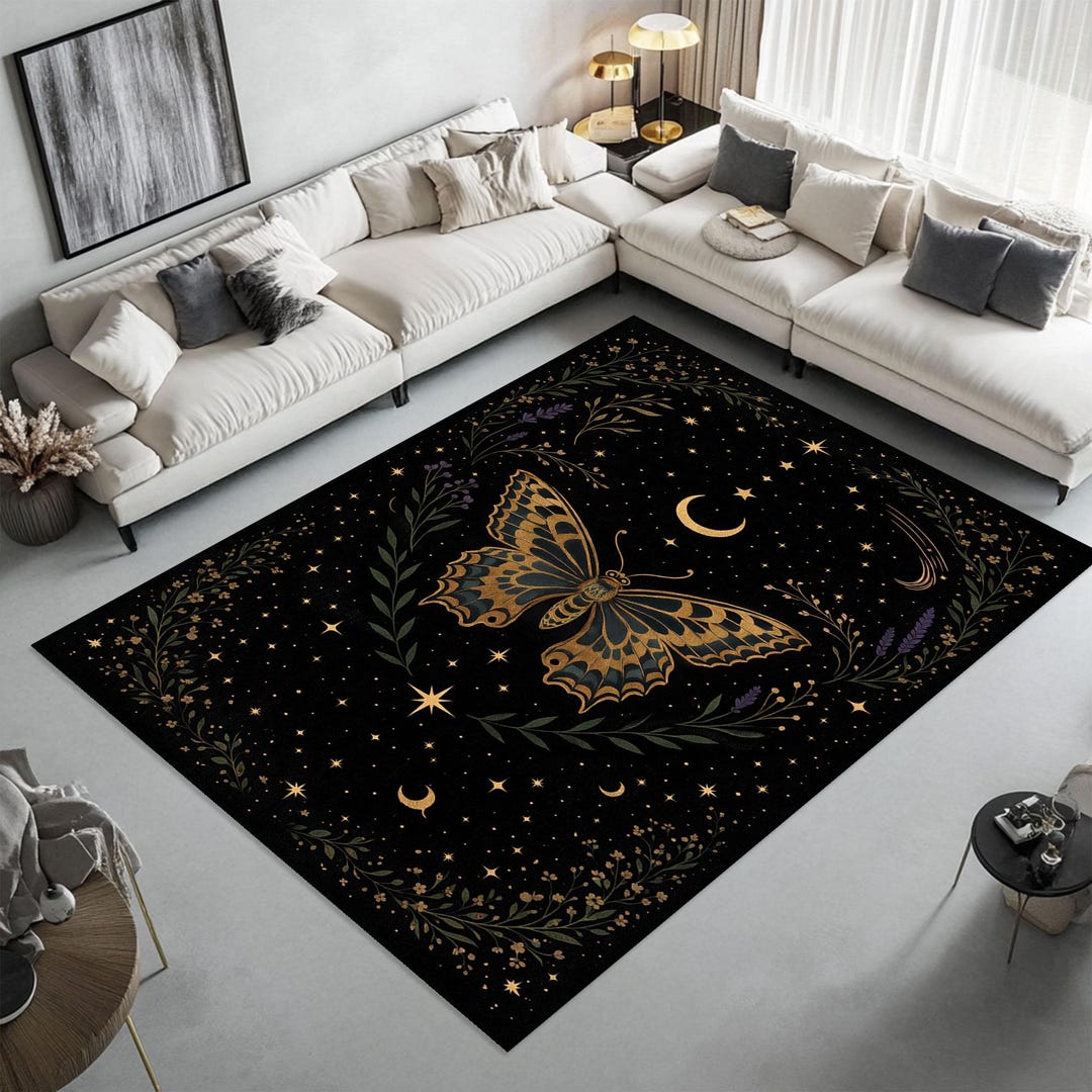Celestial Butterfly Area Rug, Mystic Floral Moon Stars Design - Etsy