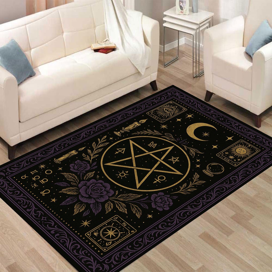 Pentagram Rug: Black & Gold Witchy Decor, Celestial Tarot Design - Etsy