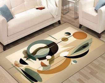 Mid-Century Modern Abstract Area Rug: Beige, Green & Terracotta