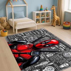 Alfombra de Deadpool: Alfombra antihéroe roja y negra estilo cómic