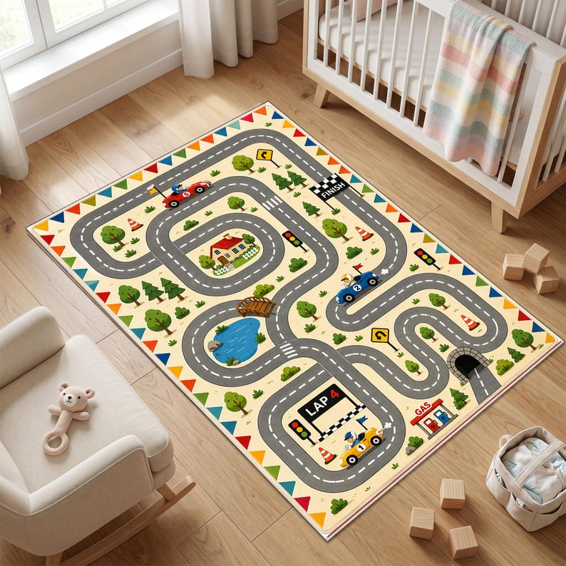 Op de afbeelding: Een rechthoekig vloerkleed met een kleurrijk racebaandesign op een lichte achtergrond. De baan bevat een finishlijn, een tunnel, een tankstation, een brug, een vijver en huizen. Kleine raceauto's, bomen en verkeerskegels zijn afgebeeld.