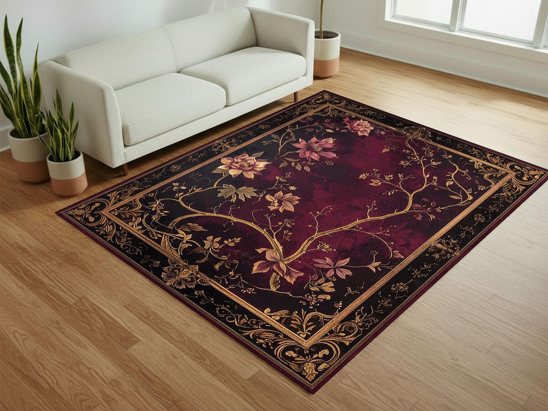 Shadow Botanical Rugs Dark Botanical Floral Rug With Burgundy Background and Gold Vine Frame ...