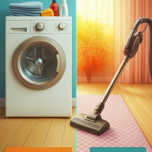 Op de afbeelding: Een gesplitste afbeelding toont een witte voorlader wasmachine met blauwe handdoeken en flessen, gelabeld Machine Washable en Washable, naast een stofzuiger op een roze patroonkleed, gelabeld met de tekst Easy to Clean.
