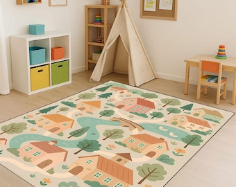 Kids Village Play Rug – Pastel Town Map Carpet for Playroom