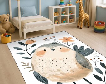 Scandinavian Owl Nursery Rug: Soft Beige, Gray, Floral Design