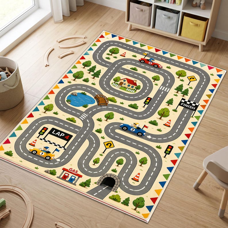 Op de afbeelding: Een rechthoekig vloerkleed met een kleurrijk racebaandesign op een lichte achtergrond. De baan bevat een finishlijn, een tankstation, een tunnel, een blauwe vijver en groene bomen. Drie raceauto's zijn zichtbaar en de rand is versierd met een patroon van kleine, veelkleurige driehoeken.