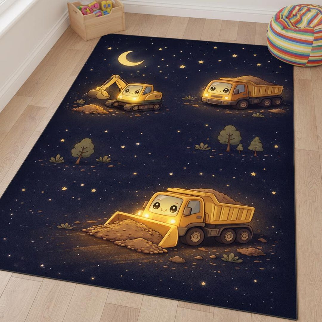 Night Construction Truck Rug, Excavator Dump Truck Nursery Carpet, Baby ...