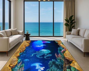 Tapis moderne méduses des grands fonds : décoration de sol art océan 3D