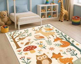 Kindertapijt Woodland Animals: neutraal bos kinderkamertapijt