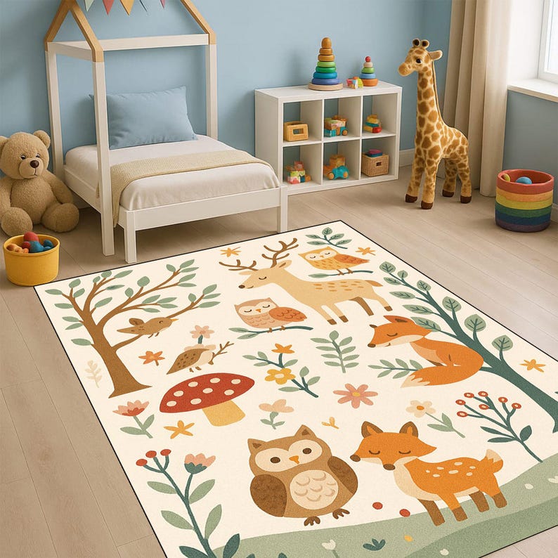 Woodland Animals Kids Rug: Neutral Forest Nursery Carpet - Etsy