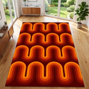 Jaren 70 retro gegolfd vloerkleed, oranjebruin geometrisch tapijt