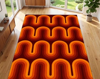 Alfombra retro ondulada de los años 70, con diseño geométrico en naranja y marrón