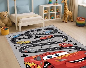 Alfombra de Disney Cars – Alfombra para sala de juegos con diseño de la pista de carreras de Rayo McQueen