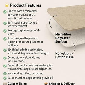 Op de afbeelding: Een diagram van een gelaagd tapijt met een beige microvezel polyester oppervlak en een witte antislip katoenen basis. De tekst vermeldt kenmerken zoals een dikte van 4-5 mm, 3D-printtechnologie en kleurafgestemde randstiksels.
