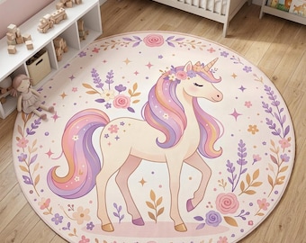 Unicorn Rug for Girls Room, Pastel Kids Carpet, Floral Unicorn Nursery Rug, Cute Baby Room Decor, Fantasy Princess Rug, Soft Color Playroom