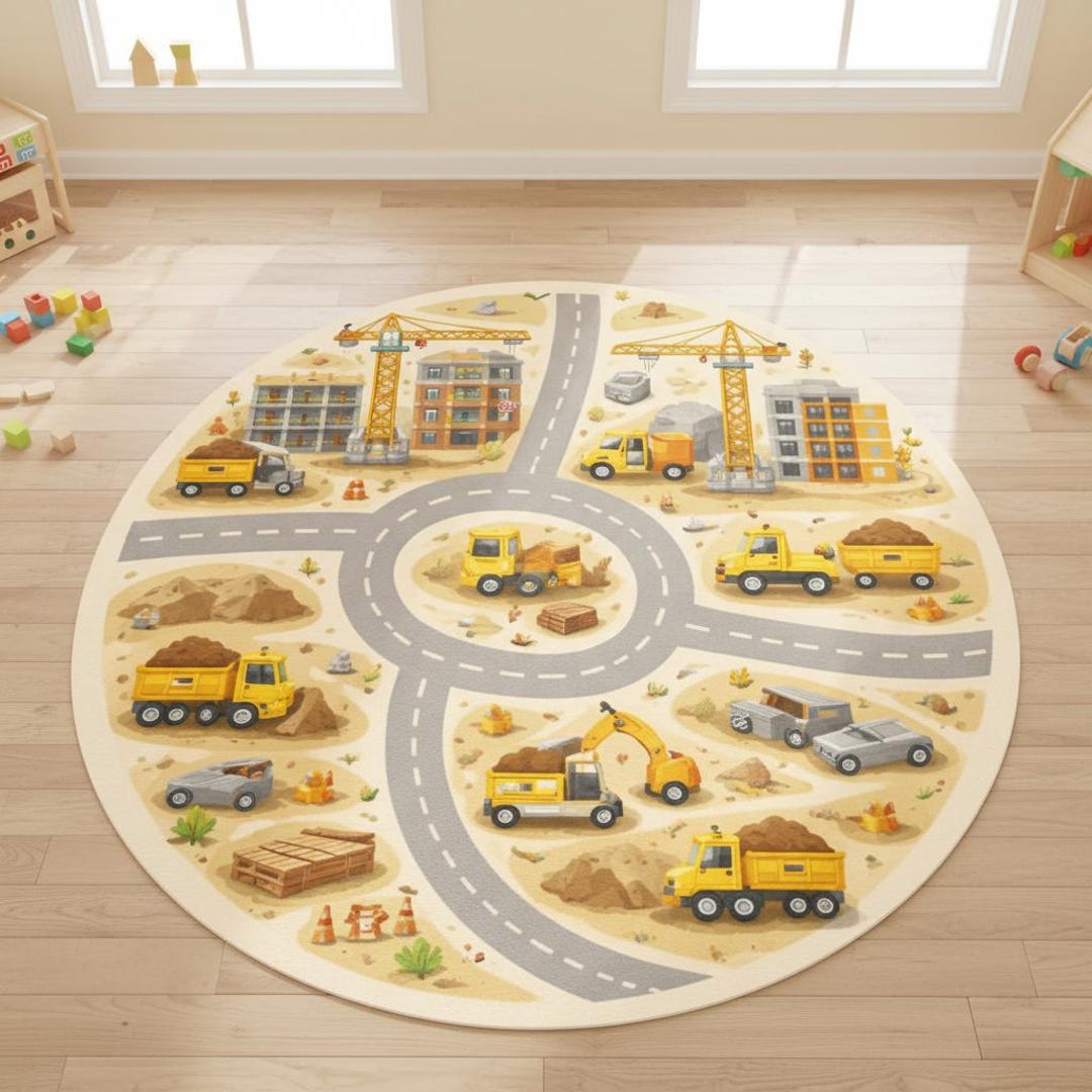 Construction Truck Round Rug, Kids Play Mat, Road Play Rug, Excavator ...
