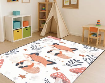 Fox Kids Rug: Woodland Nursery, Mushroom & Star Playroom Decor
