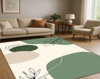 Abstract Green Botanical Area Rug: Modern Japandi Scandinavian Style