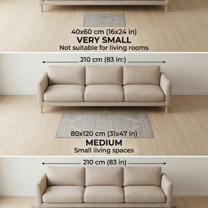 Op de afbeelding: Een driedelige infographic met een beige driezitsbank en vloerkleden in verschillende maten. De kleden zijn gelabeld als 40x60 cm, 80x120 cm en 160x240 cm. De breedte van de bank is aangegeven als 210 cm. De tekst bevat diverse afmetingen.