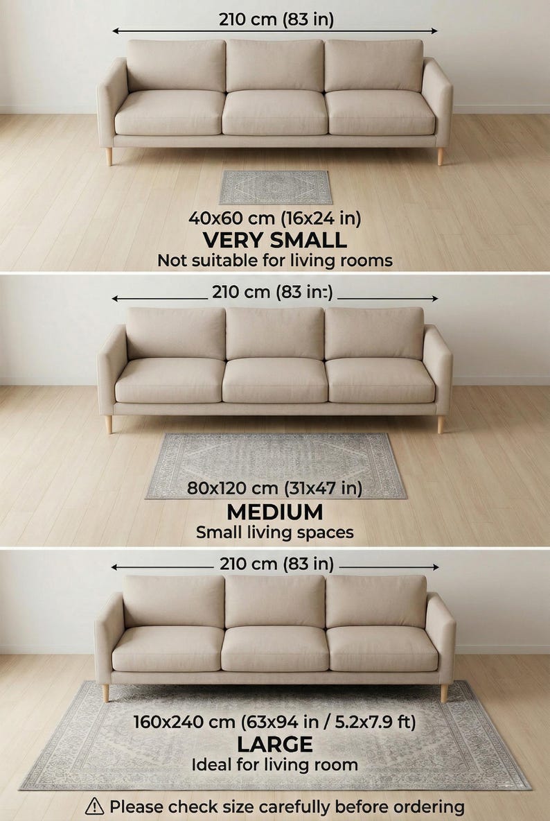 Op de afbeelding: Een driedelige infographic met een beige driezitsbank en vloerkleden in verschillende maten. De kleden zijn gelabeld als 40x60 cm, 80x120 cm en 160x240 cm. De breedte van de bank is aangegeven als 210 cm. De tekst bevat diverse afmetingen.