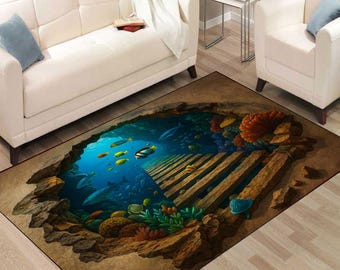 3D Ocean Floor Rug: Wooden Bridge, Coral Reef Kids Room Carpet