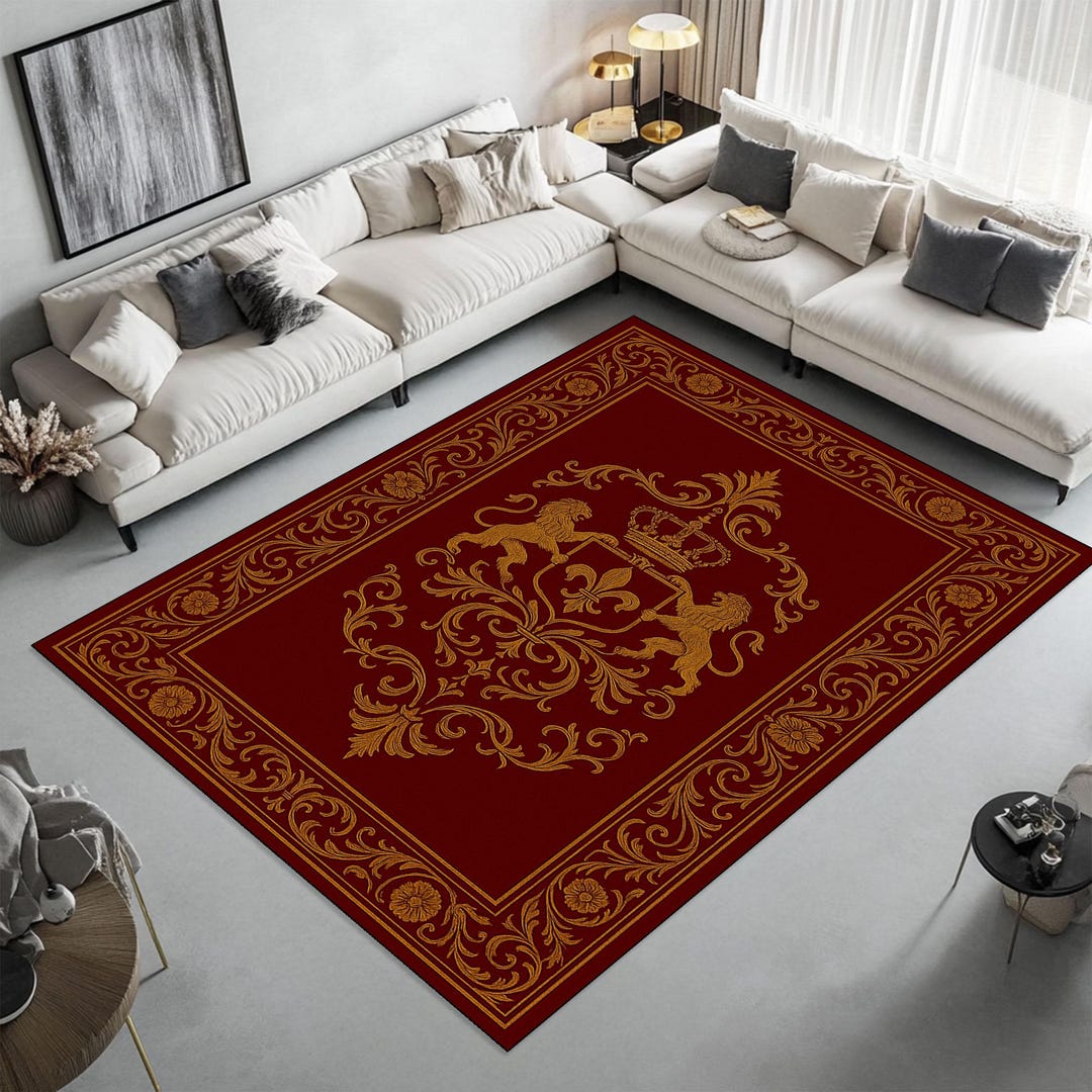 Rigal Rugs Regal Red Area Rug: Baroque Golden Lions Crown Design - Etsy