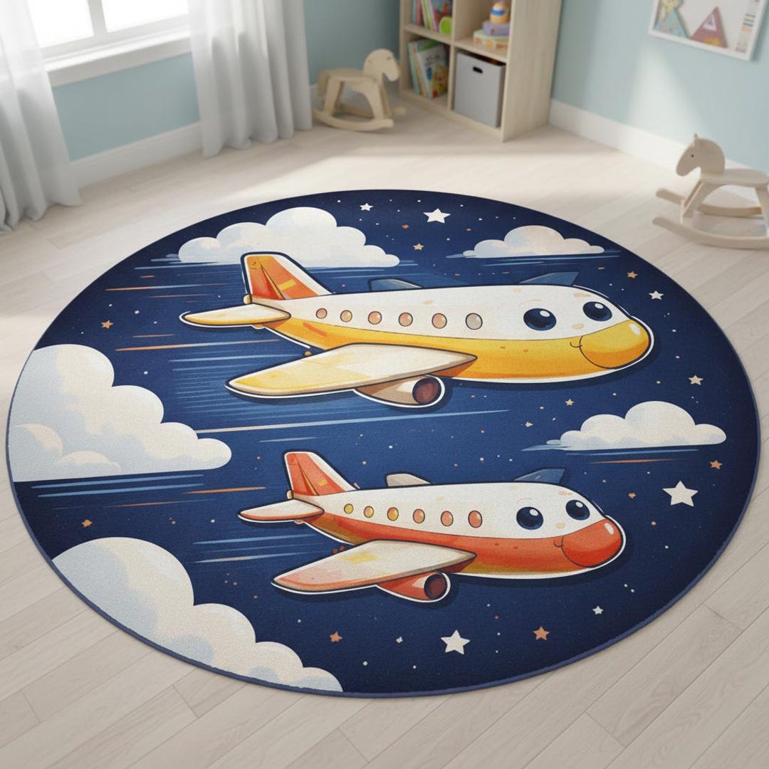 Transportation Rug Airplane Kids Round Rug, Transportation Nursery Playroom Decor, Smiling ...