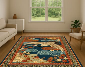 Japanese Crane Area Rug: Sakura Flowers & Golden Clouds